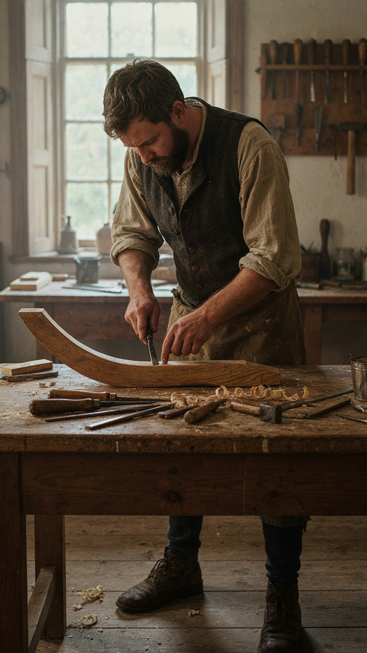 A craftsman carefully carves a curve into a wooden furniture piece by hand.