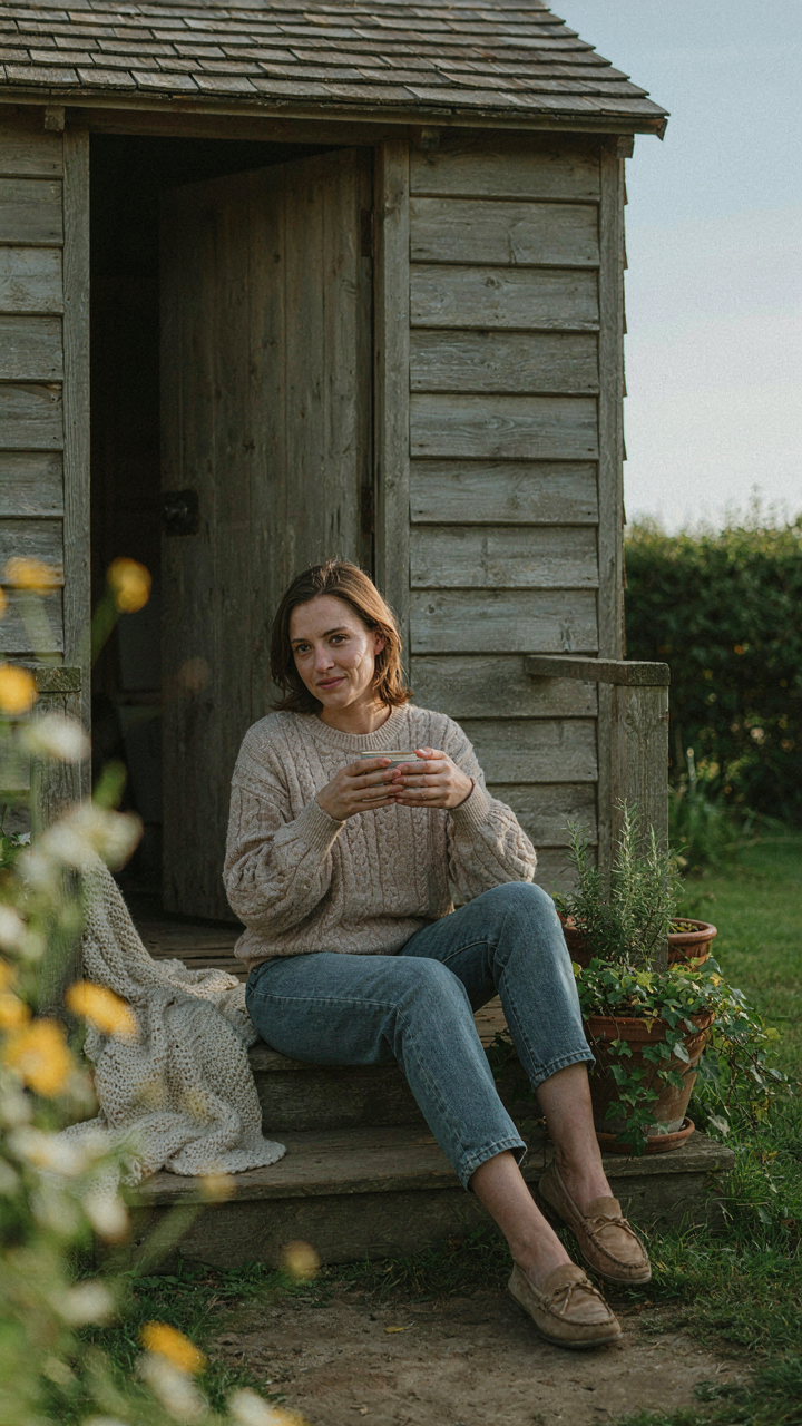 A woman sips tea on the porch of a small, rustic she shed with porch.