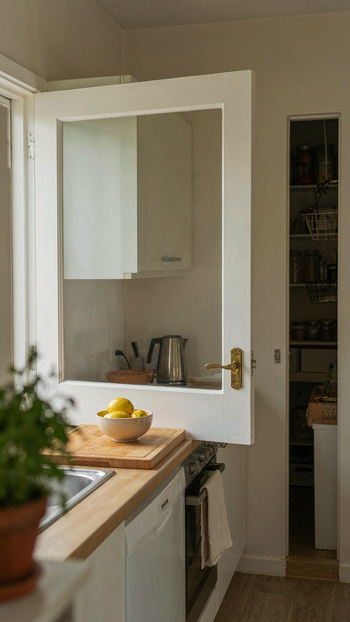An open kitchen door blocking access to a countertop.