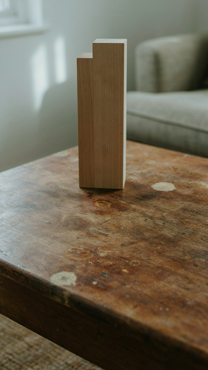 A worn wooden coffee table shows true character next to a new, uniform sign.