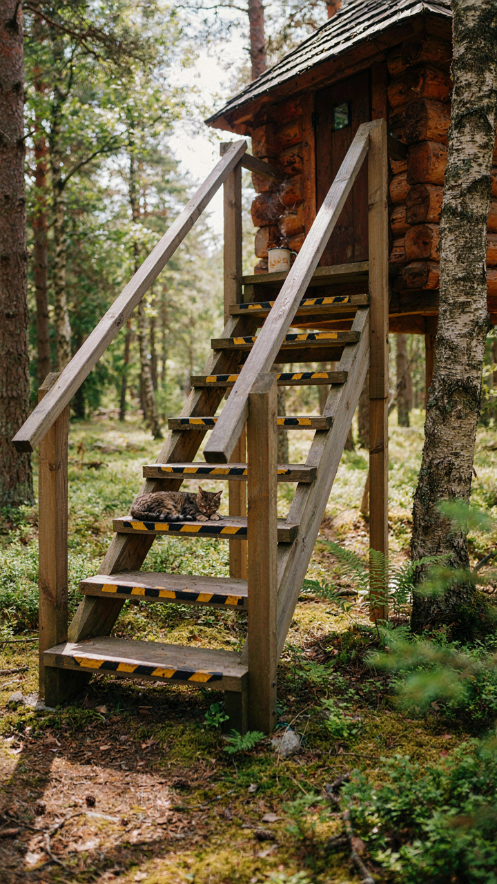 A compact wooden staircase with friction tape leading to a tiny cabin loft.