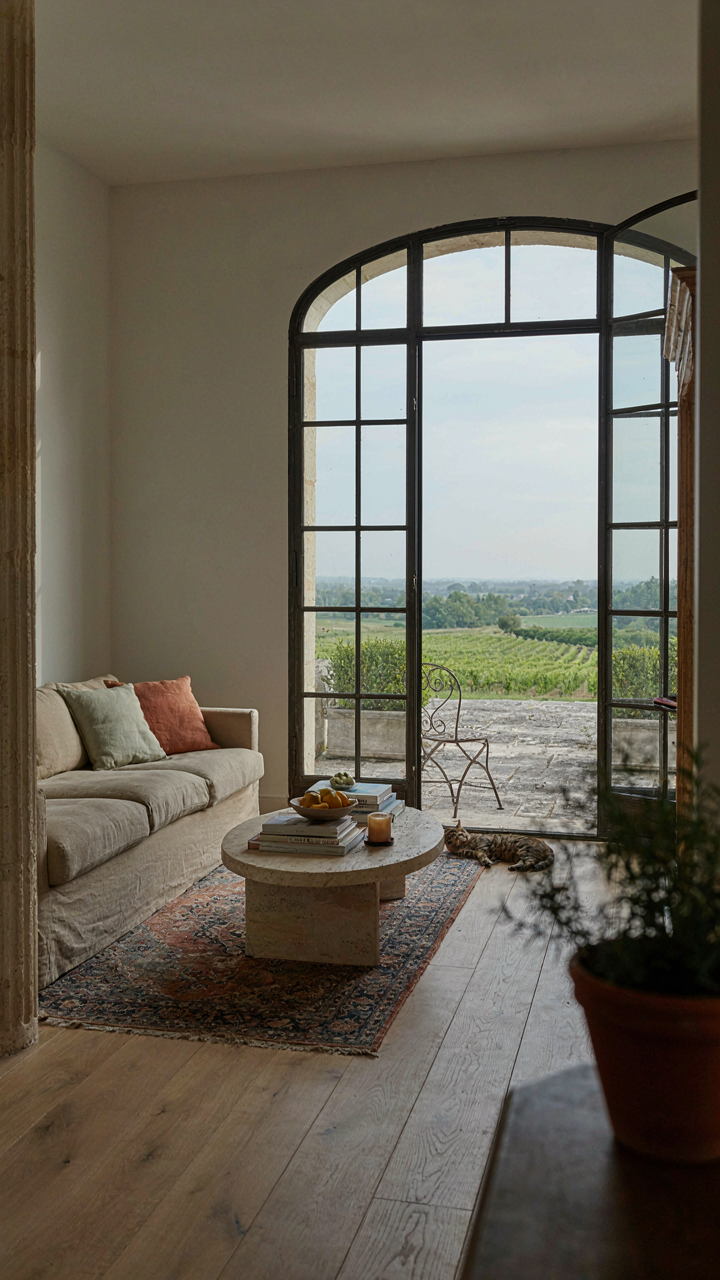 A French chateau living room seamlessly connects to an outdoor patio.