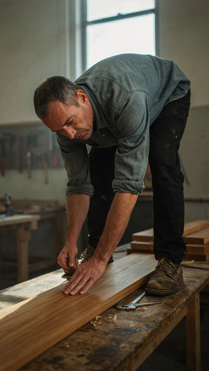 A craftsman examines teak wood grain for density, choosing materials for cabin bathroom ideas.