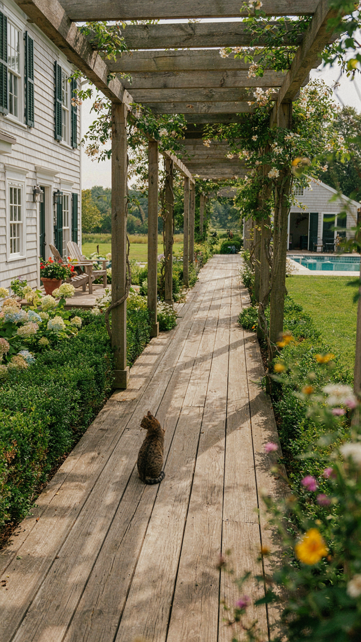 A covered walkway connecting a three bedroom farmhouse to a small, matching pool house.
