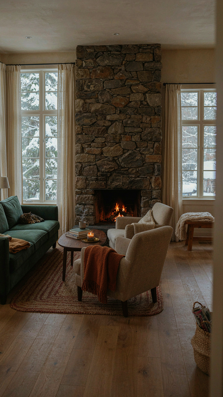A cabin living room arranged around a stone fireplace with angled seating.