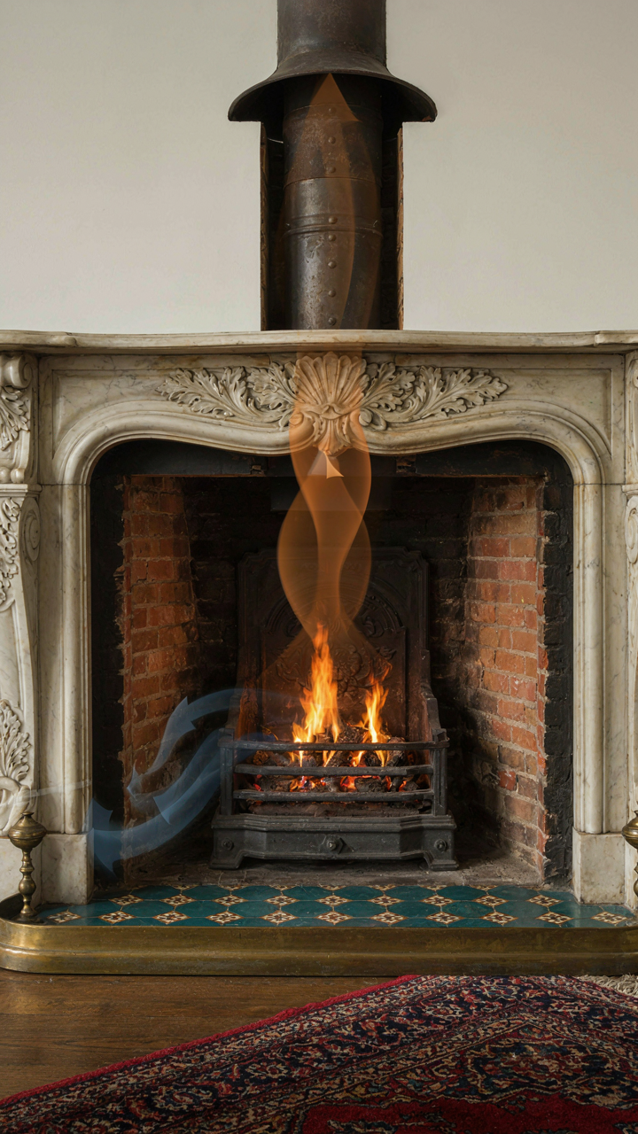 A diagram shows how warm air moves through a Victorian fireplace and heats a room.
