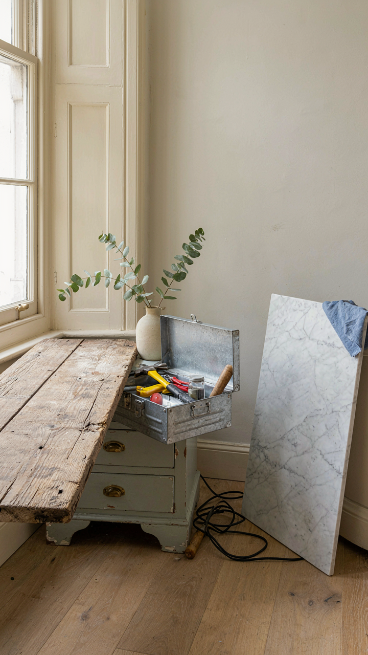 A damaged reclaimed wood countertop is replaced with a new marble slab on a vanity.
