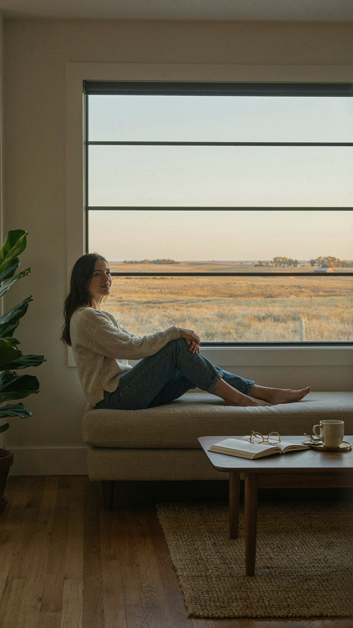 A person sitting on a couch looking out wide prairie style windows at a landscape.