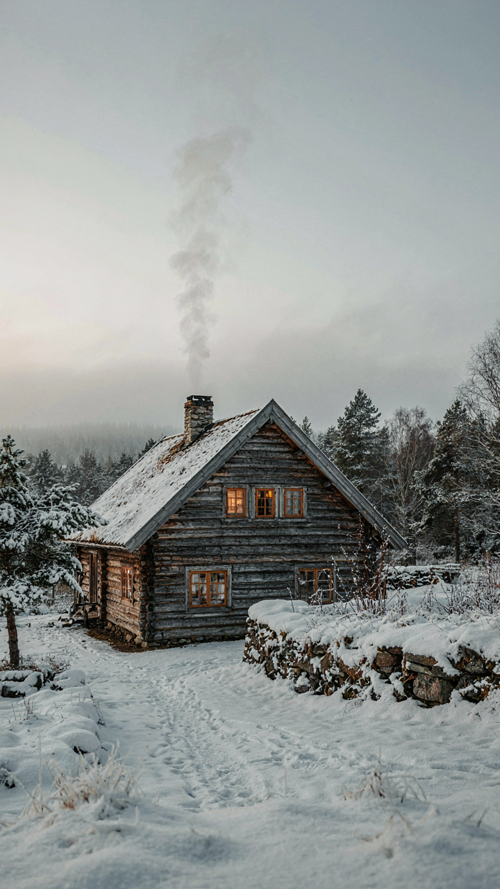 Asymmetrical nordic cottage facade with small south-facing windows and thick timber walls.