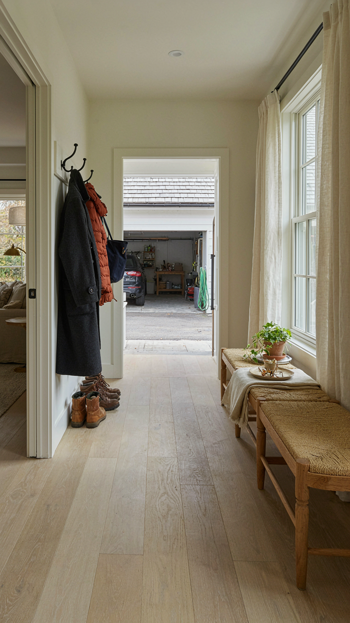 A tidy mudroom connecting a garage to a cottage living space.