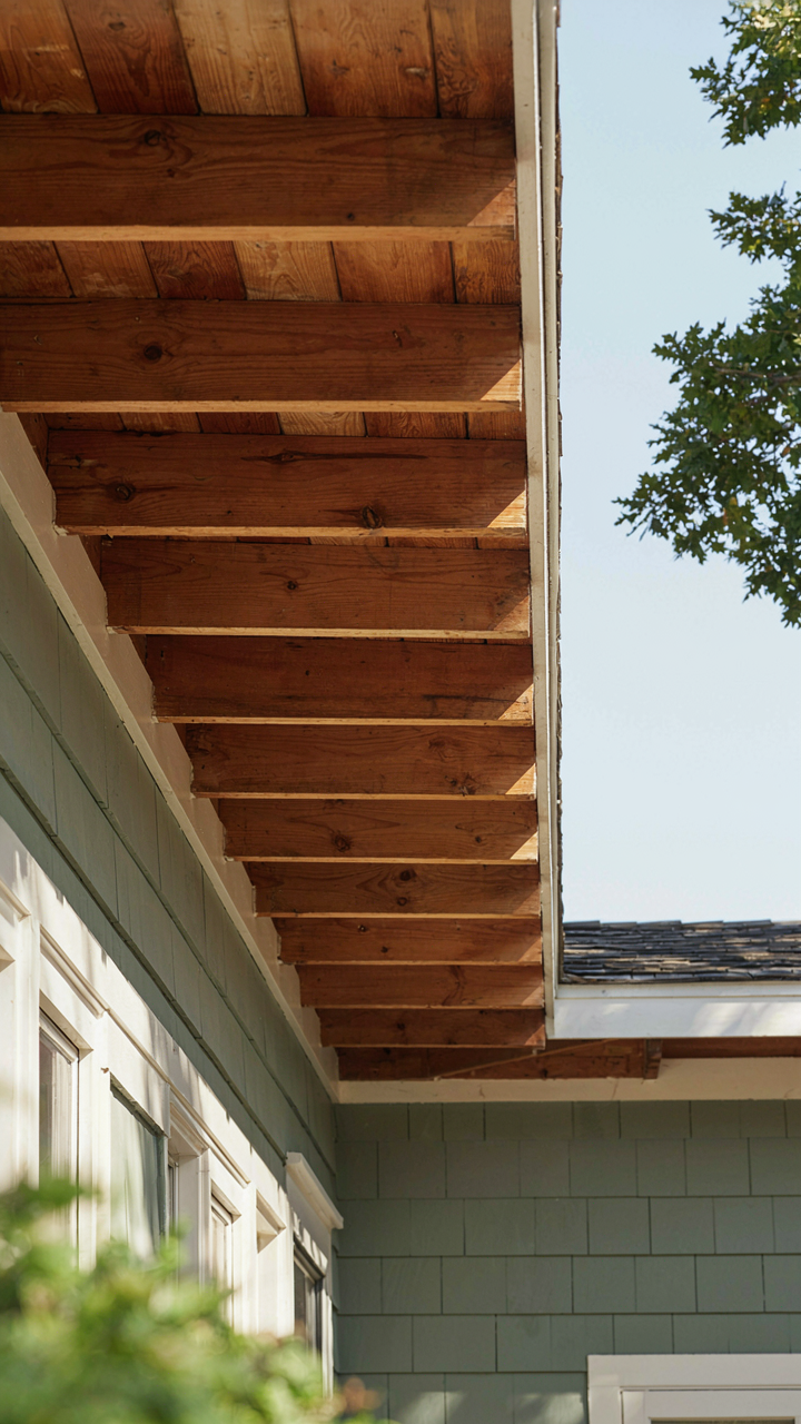 A deep roof overhang on a craftsman bungalow with exposed wooden rafter tails.