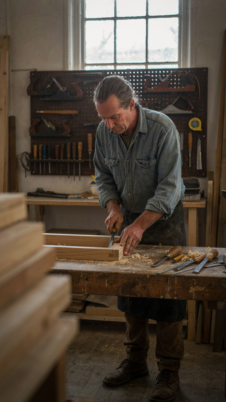 An artisan carving a mortise and tenon joint for a shutter.