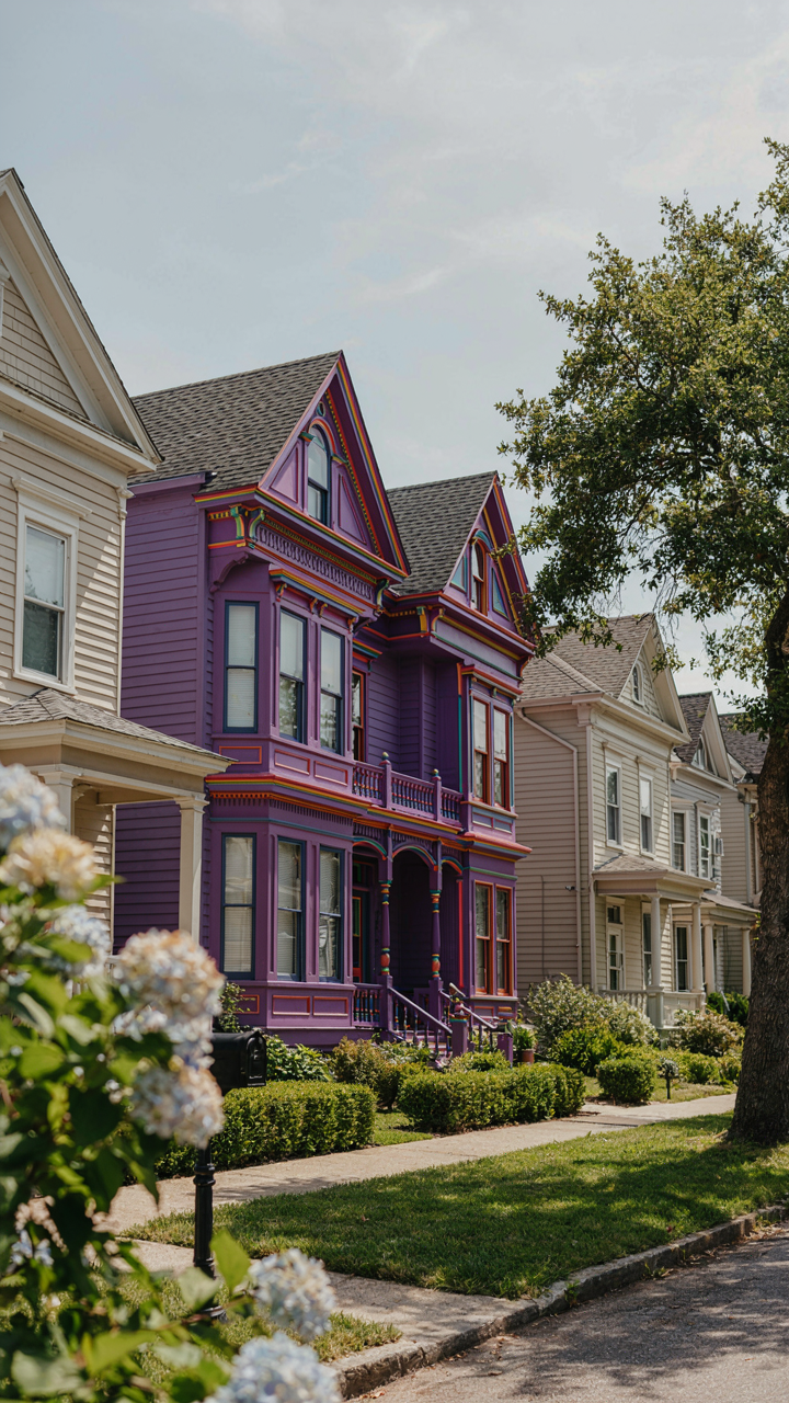 A purple Victorian house with rainbow trim stands out on a street of more muted homes.