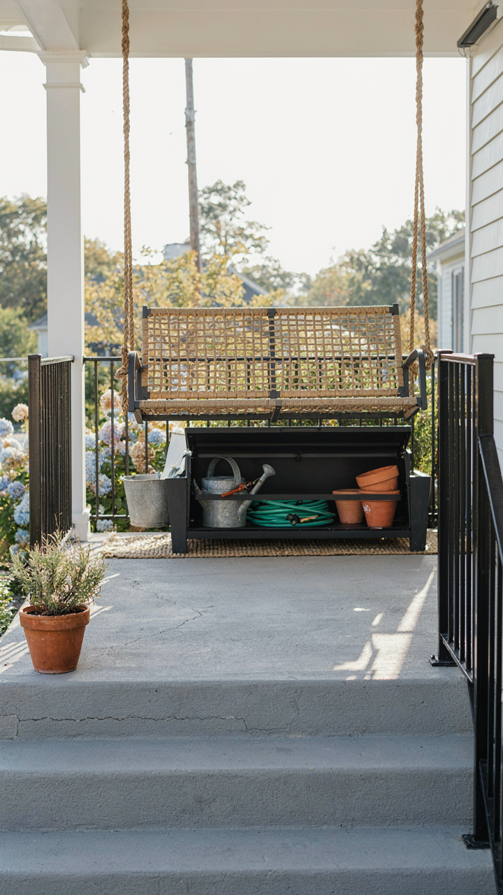 Strong steel porch swing with storage, concrete steps, and metal railing on a farmhouse porch.