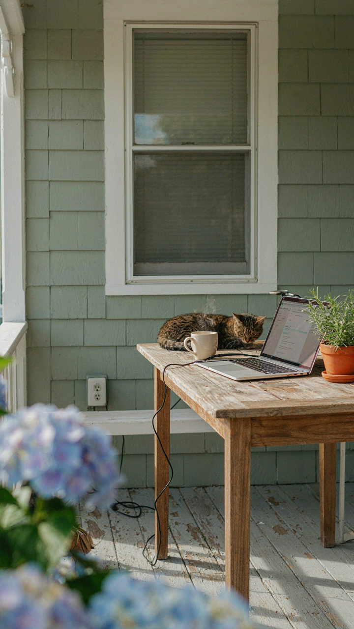 A corner of a wraparound porch functions as an outdoor workspace with power.