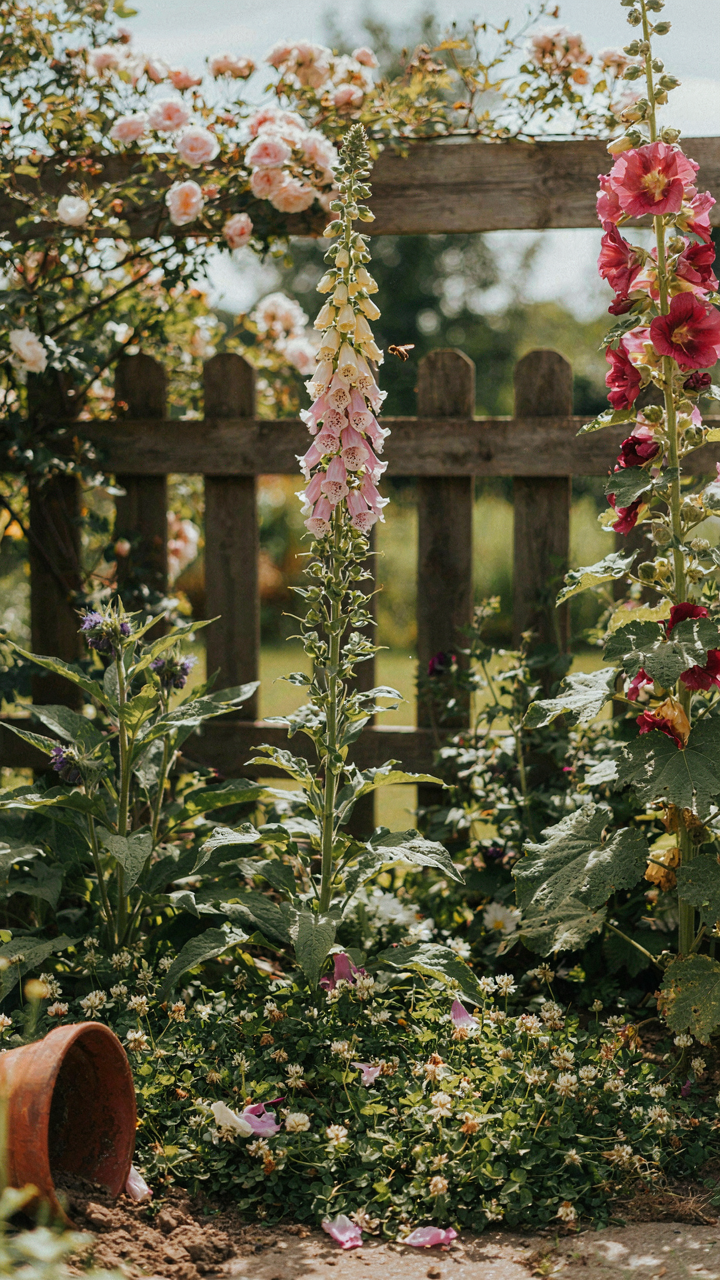 A lush cottage garden with foxgloves, hollyhocks, and clover growing together.