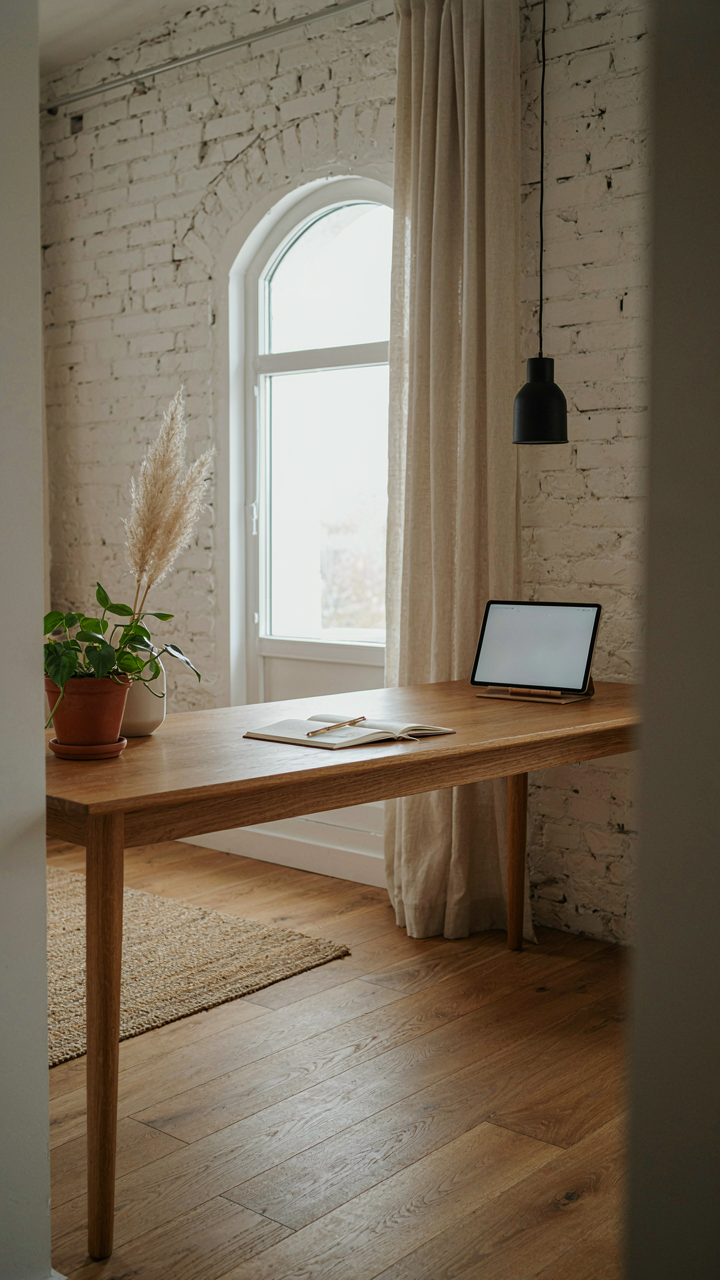 A modern farmhouse loft designed as a tidy home office with hidden technology.