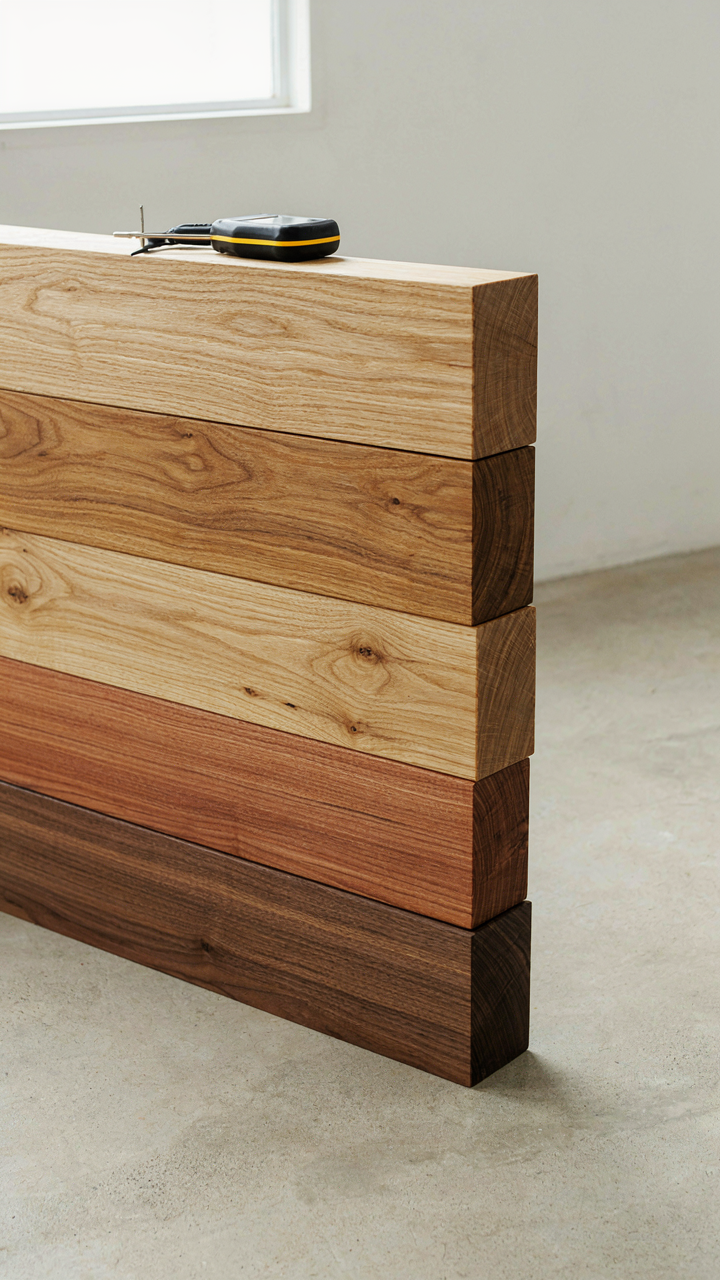 Various wood planks, including oak and pine, with a moisture meter on top.