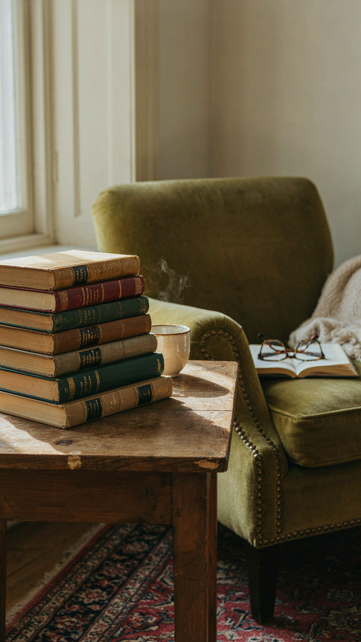 A stack of well-read books on a rustic side table.