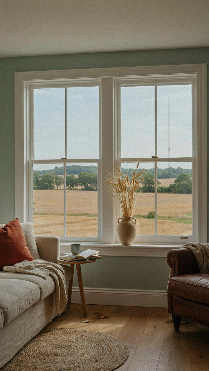 A farmhouse living room with walls reflecting the outdoor landscape colors.