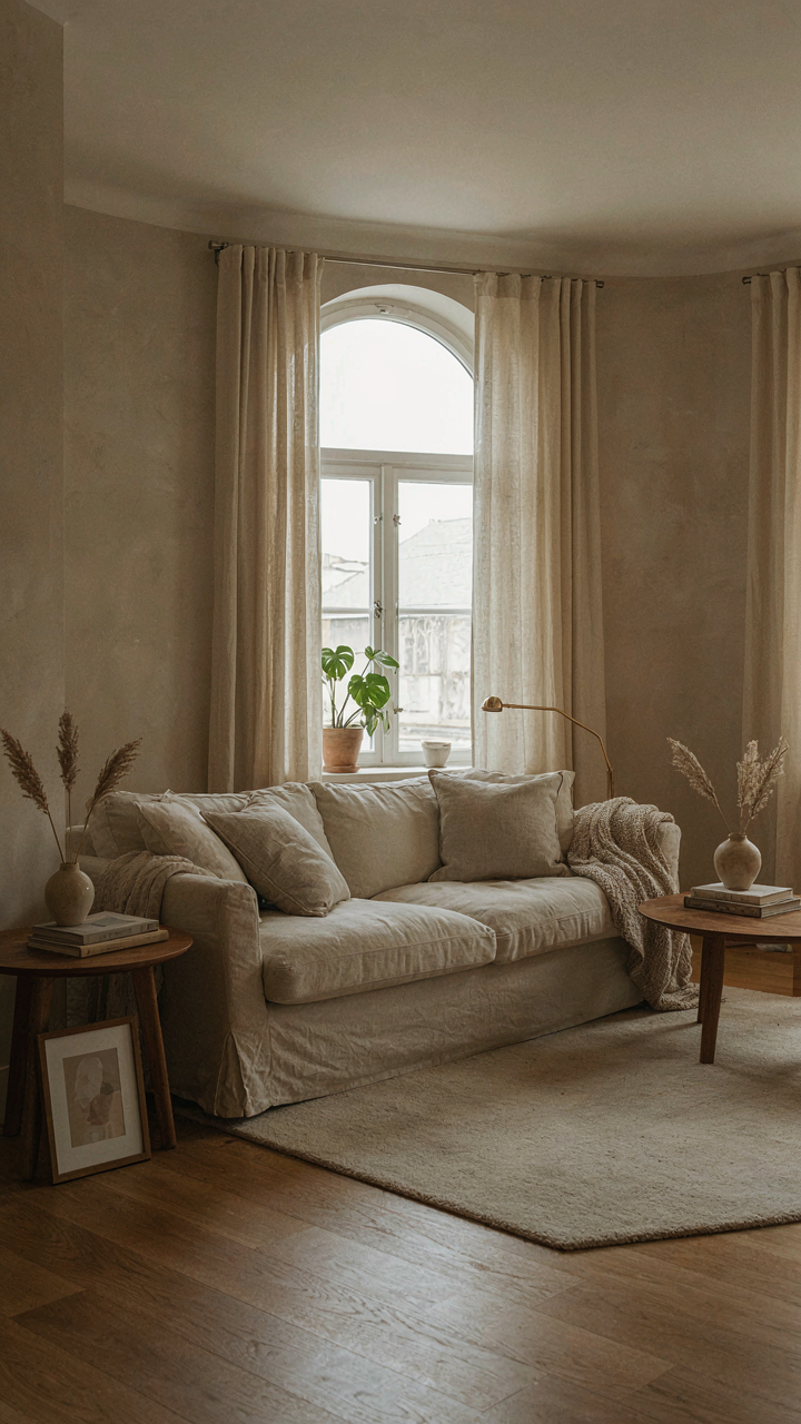 A timeless living room with warm neutral walls and classic cream furniture.
