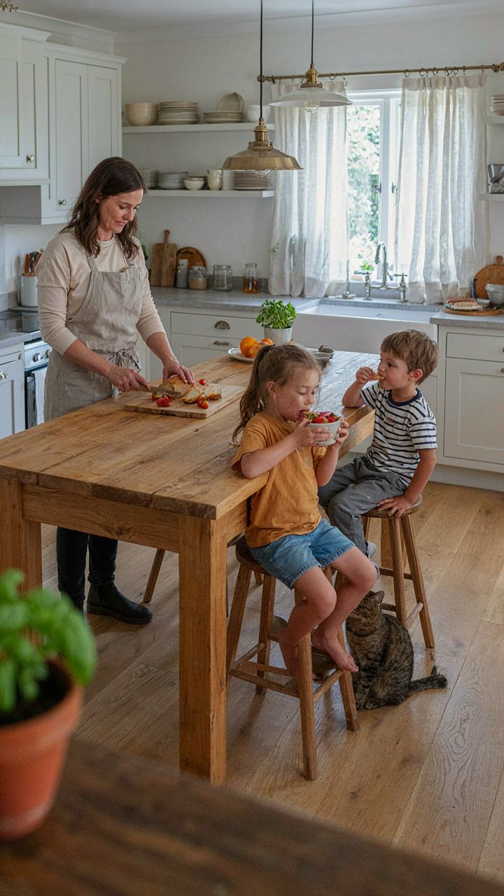 A family uses a large, rustic wooden kitchen island.