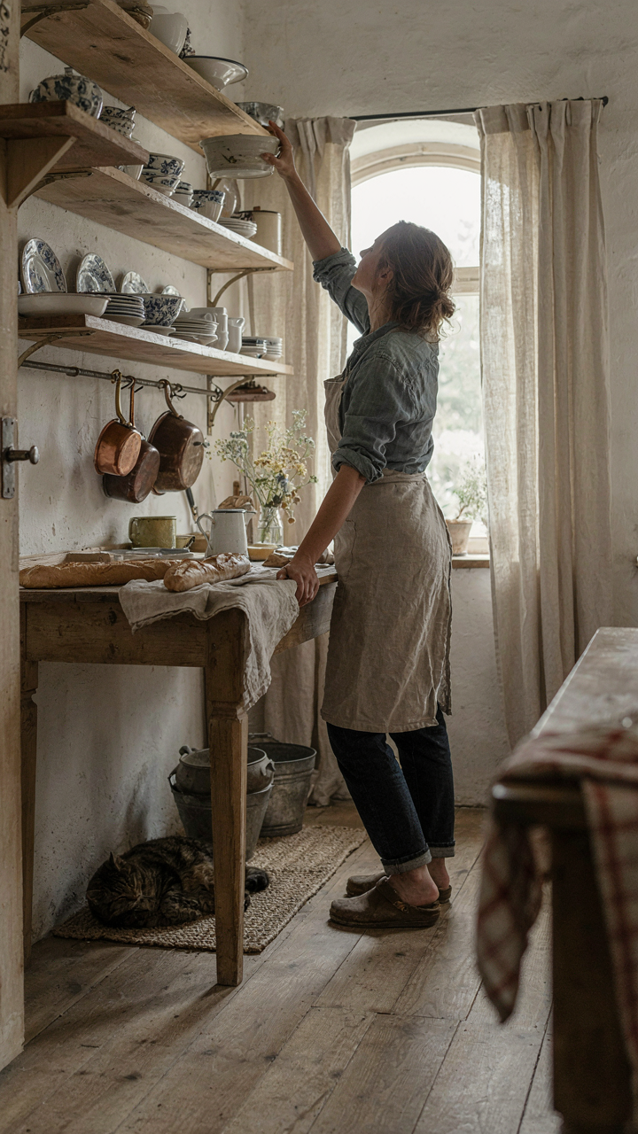 A farmhouse kitchen with open shelves filled with dishes, showing utility and beauty.