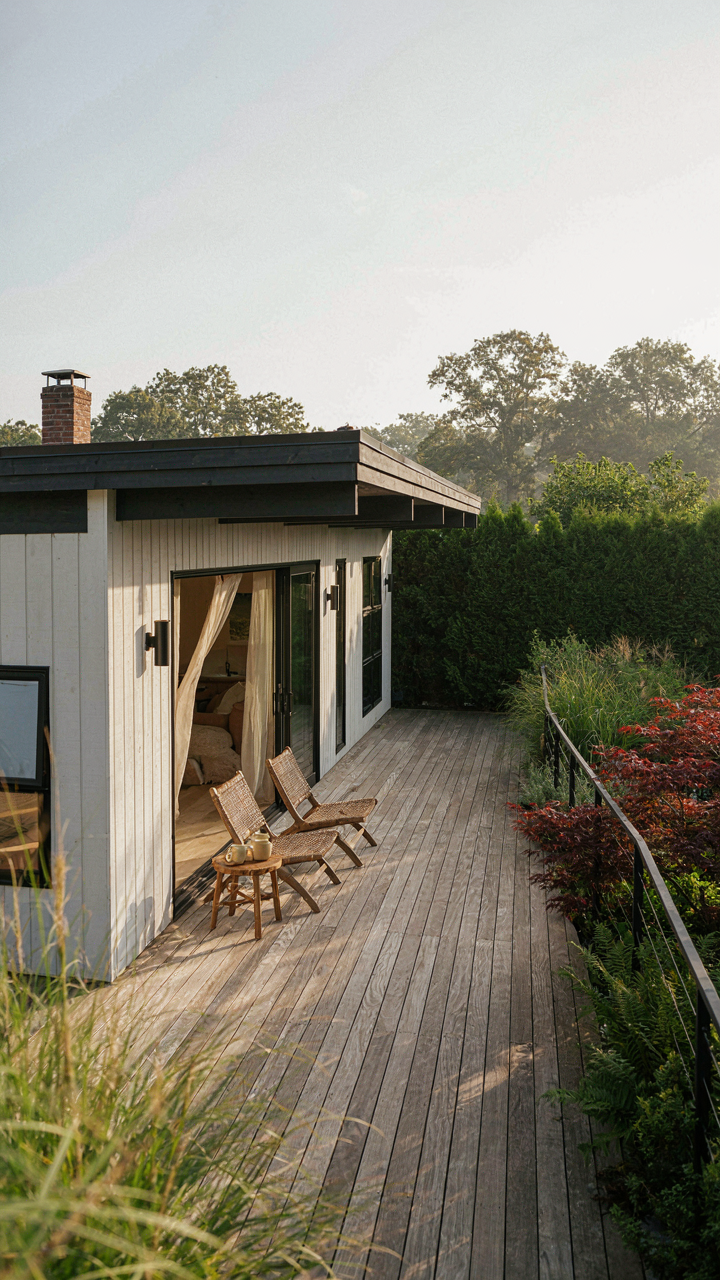 A modern two bedroom cottage with large sliding doors opening to a deck.