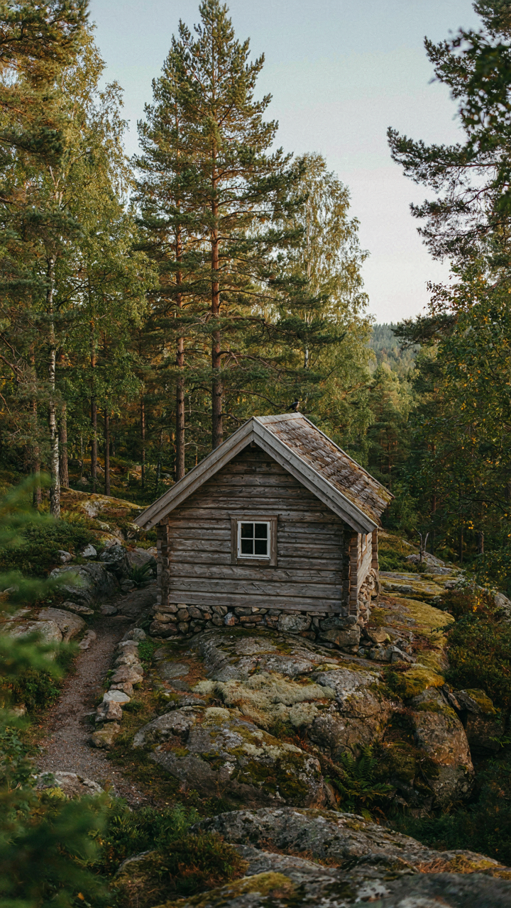 A small wooden cottage built into a rocky, forested hillside.