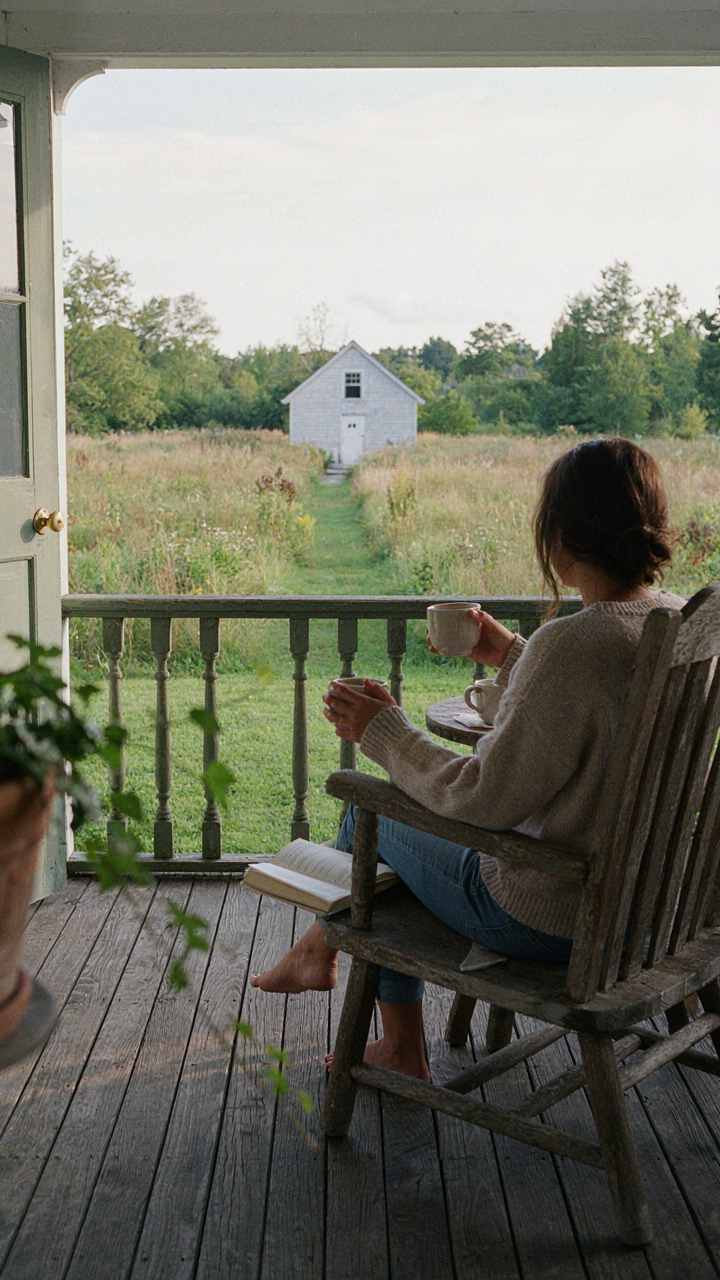 A woman drinks coffee on a porch, separate from a main house, enjoying her private space.