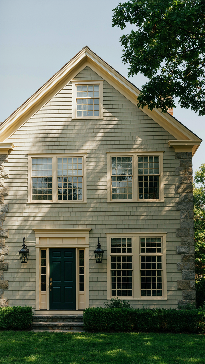 Colonial revival house with warm cream trim and muted earth-toned clapboard siding.