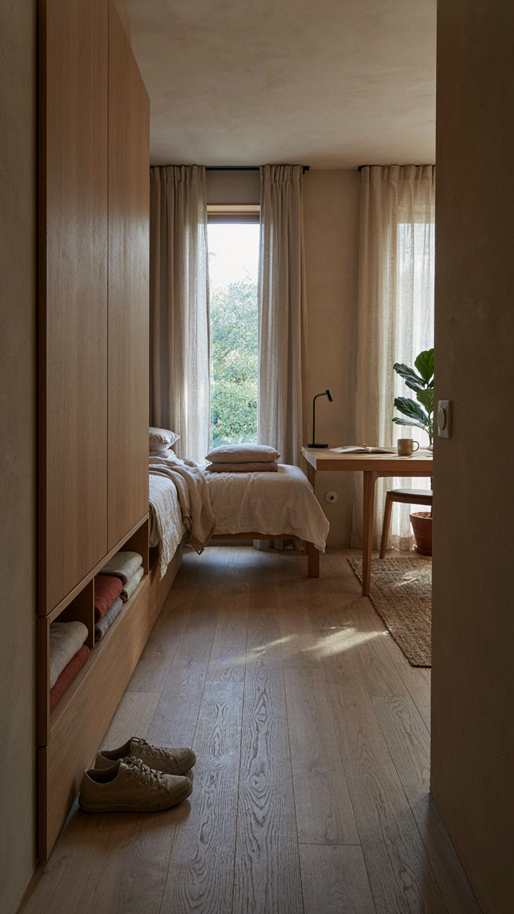 An efficient backyard cabin interior with a bed and desk integrated.