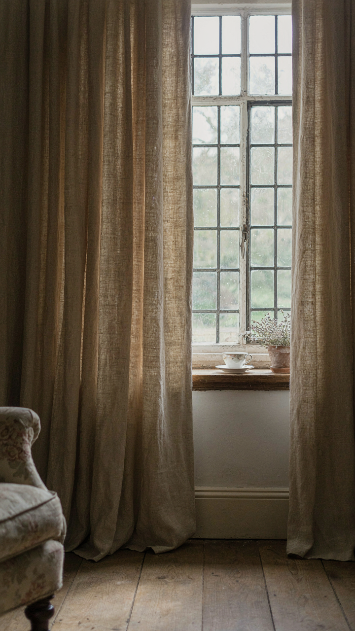 A heavy, textured linen curtain framing a deep window in an English cottage.