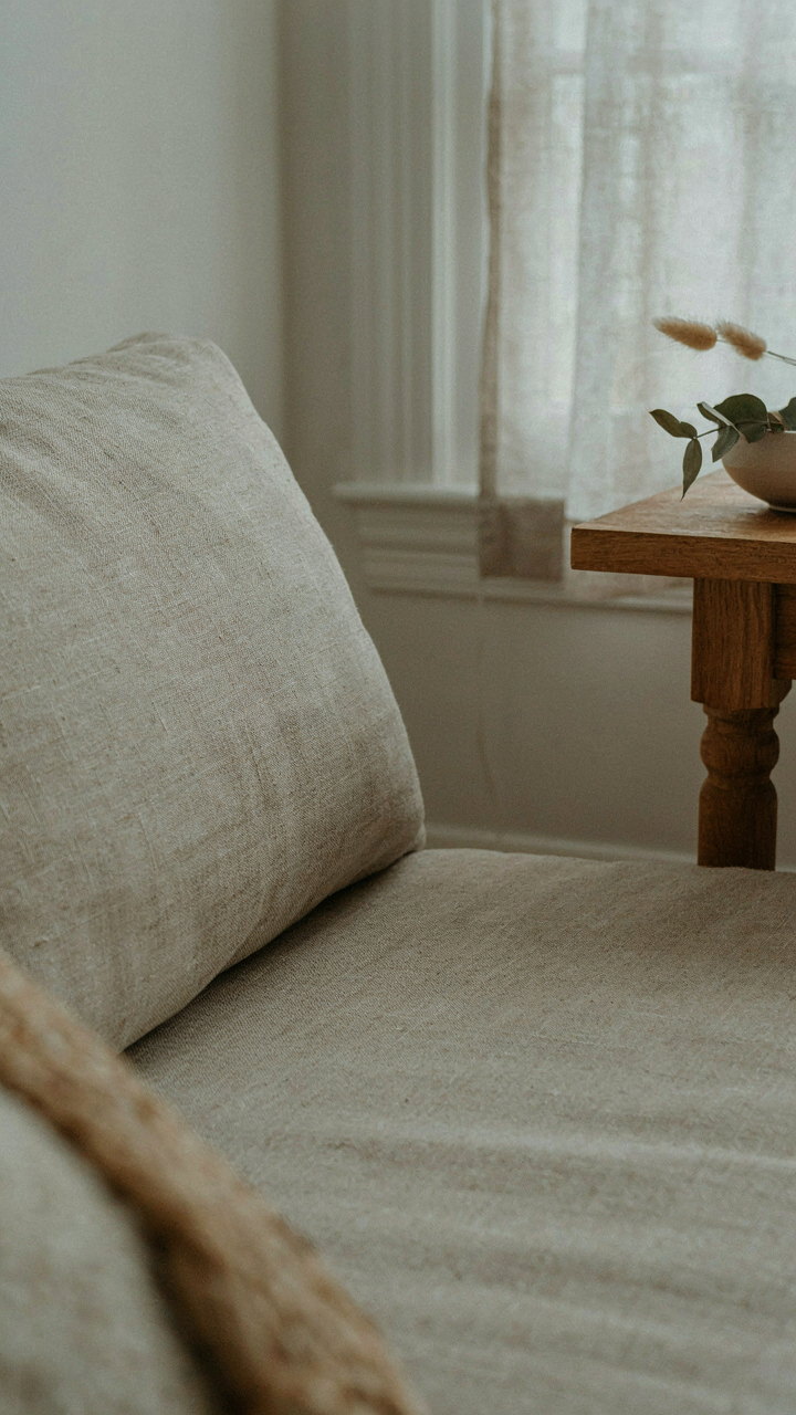 Sunlight illuminates a durable, UV-resistant fabric on a living room sofa.