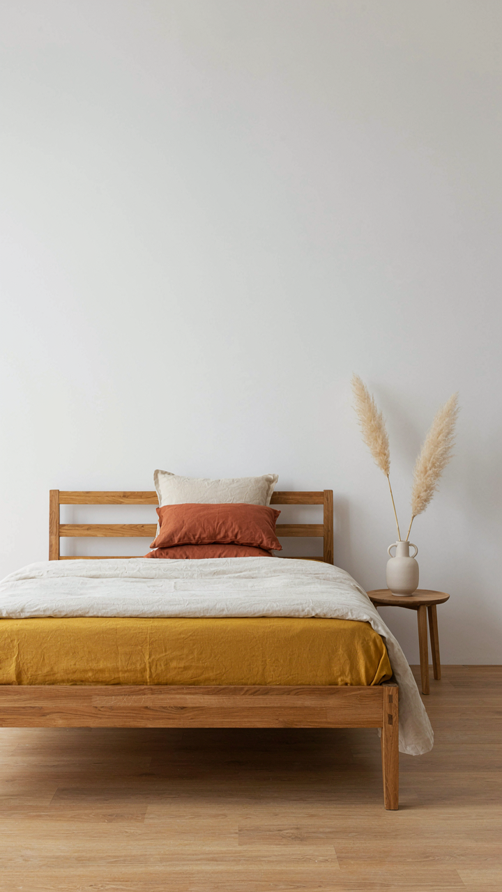 A solid, handcrafted wooden bed frame with visible joinery and a natural finish.