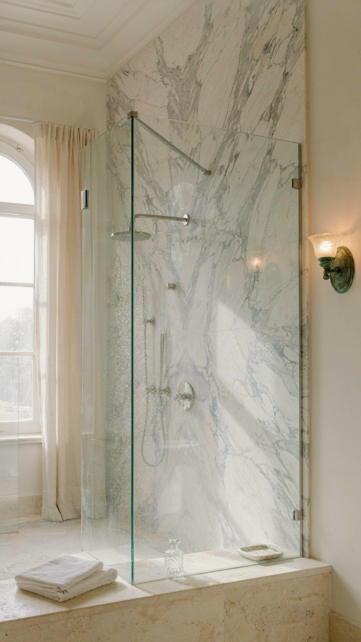 A frameless glass shower enclosure in a chateau style bathroom with marble walls.
