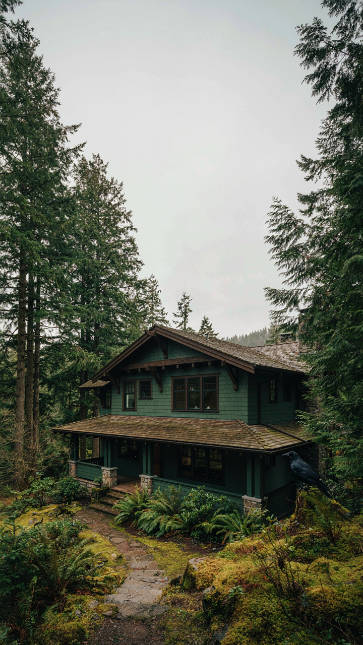 A craftsman house with deep green siding in a Pacific Northwest landscape.
