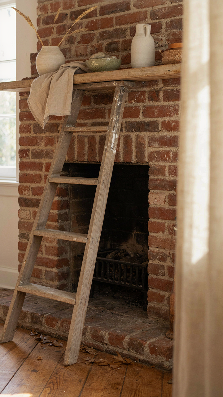 A weathered wooden ladder leaning against a brick fireplace with handmade ceramics on the mantel.