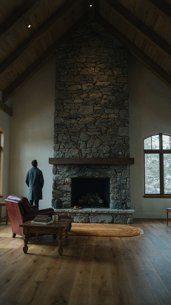 A grand, oversized stone fireplace dominating a large cabin living room wall.