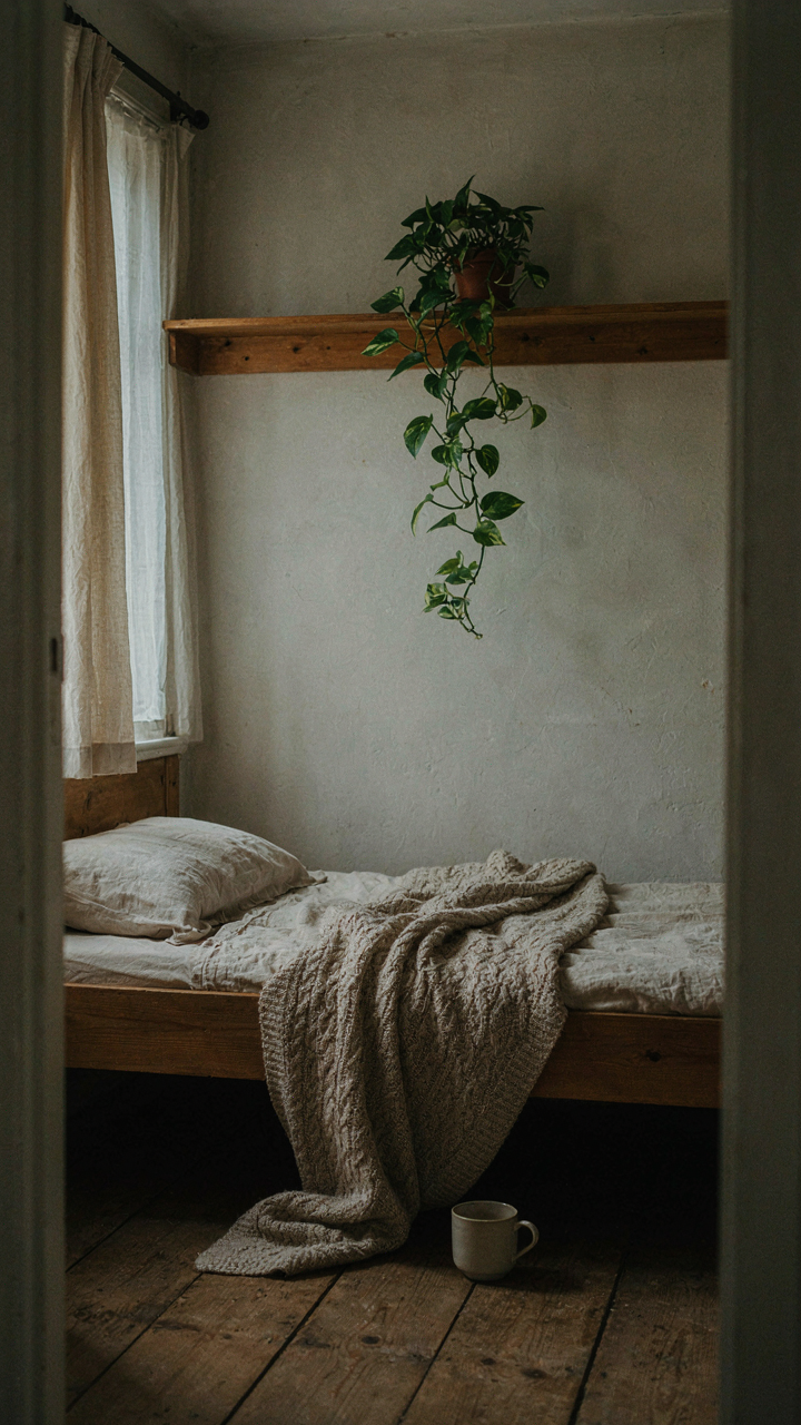 A Pothos plant on a high shelf in a cozy small cottage bedroom.
