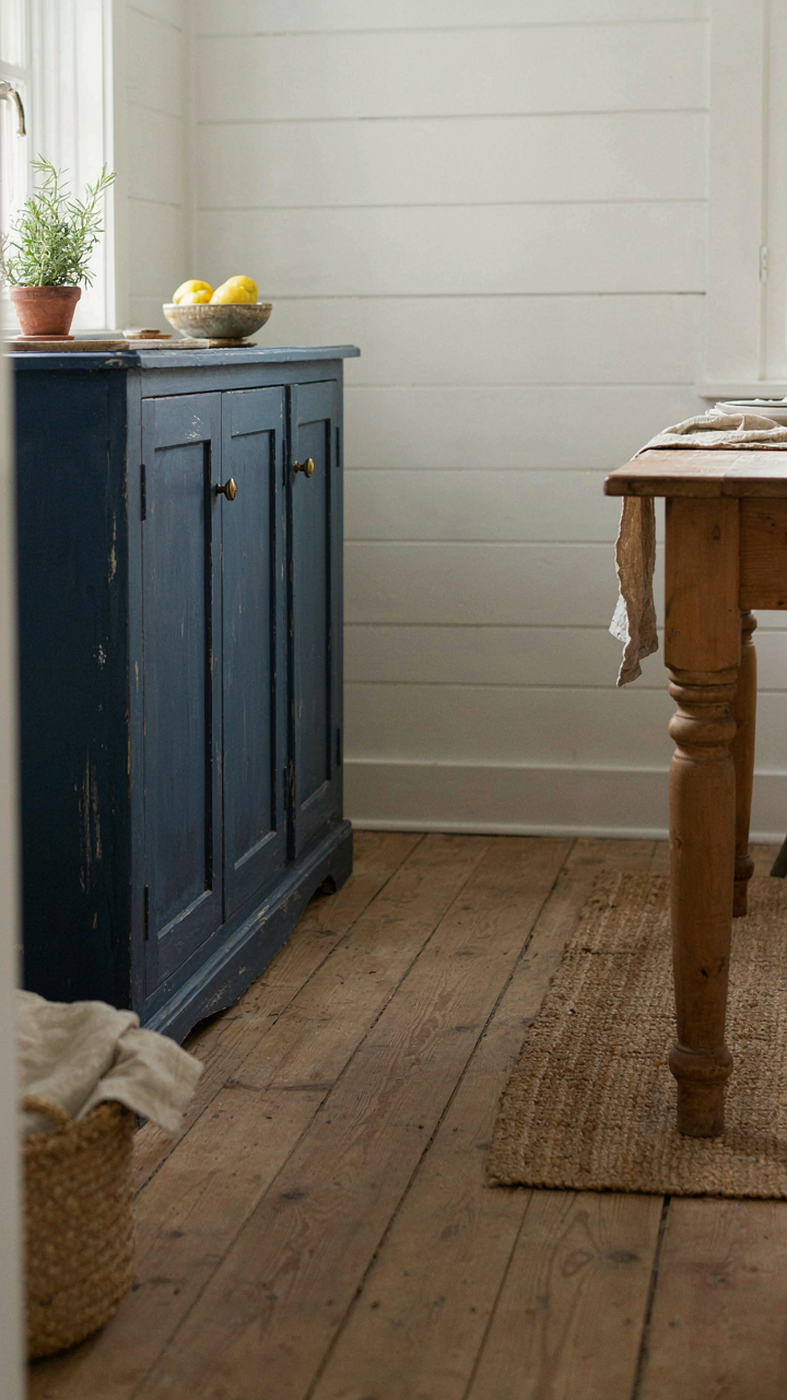 A deep indigo blue painted cabinet sits beside a wooden refectory table in a farmhouse.