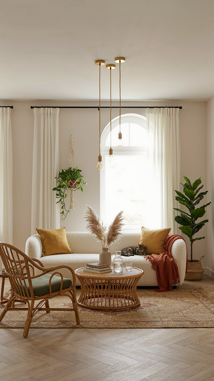 A large leafy plant filters light from a window onto a linen sofa.