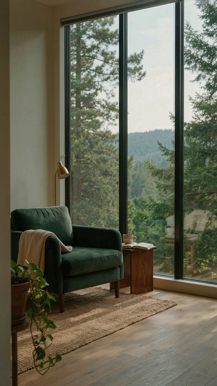 A large window in a cozy living room frames a distant forest view.
