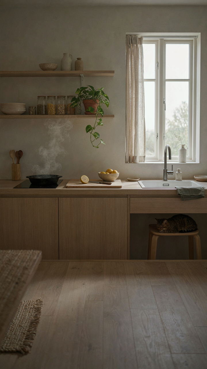 A minimalist cabin kitchen with neatly organized cooking tools.