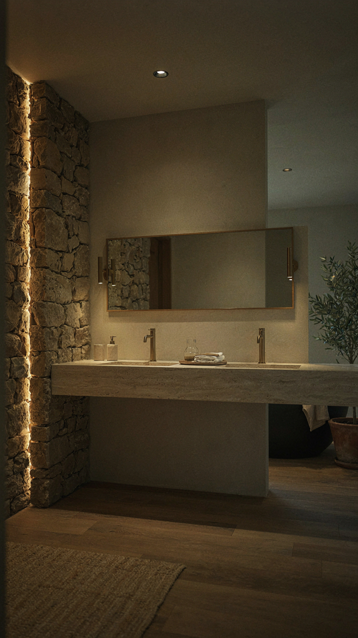 Layered lighting illuminates a modern rustic bathroom, highlighting a stone wall.