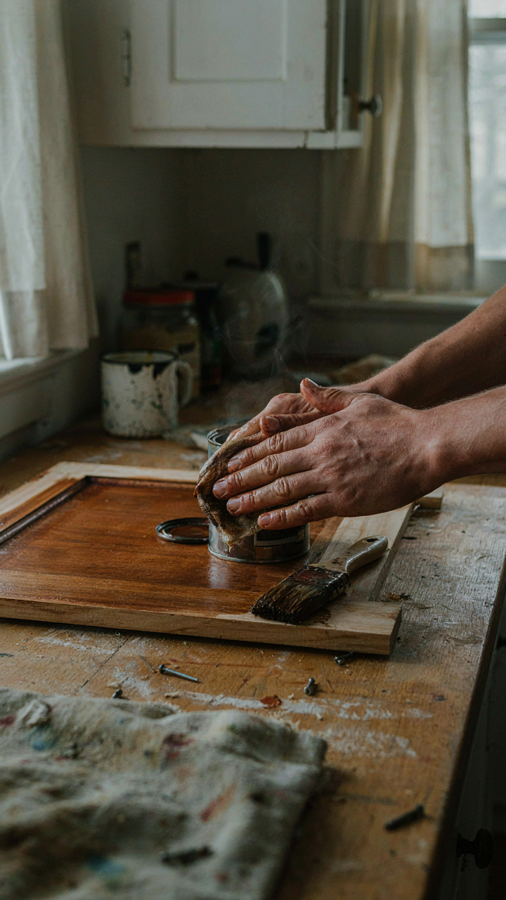 Hands carefully stain wood for a cabinet, part of a budget kitchen renovation.