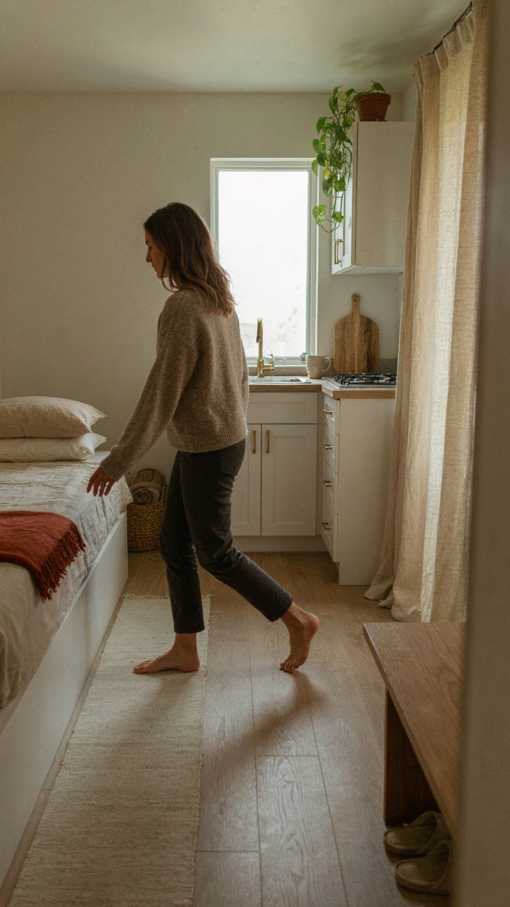 A person moves through a small bunkie, showing clear paths between zones.