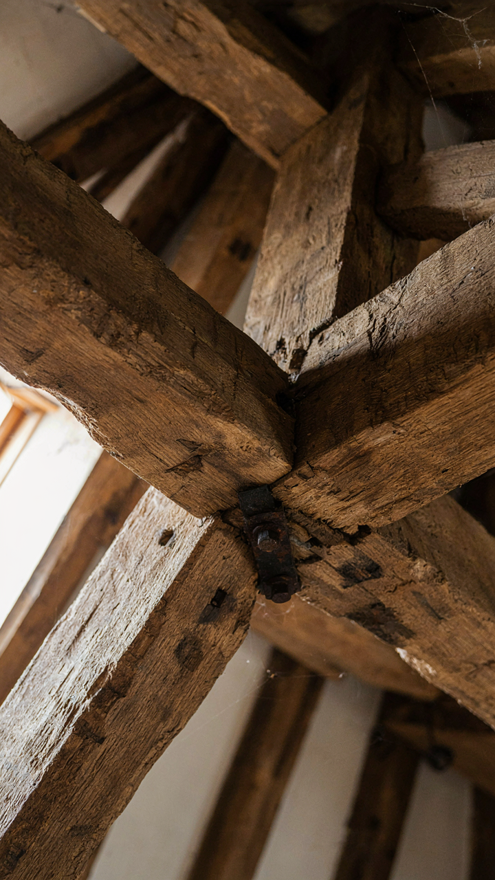 Close up of thick, rough oak timber beams in an old English cottage.