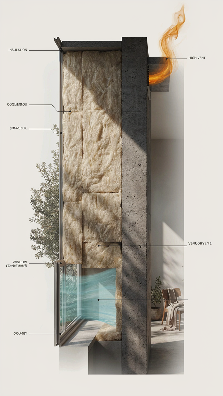 A wall cross-section shows insulation outside thermal mass, with air flowing in and out.