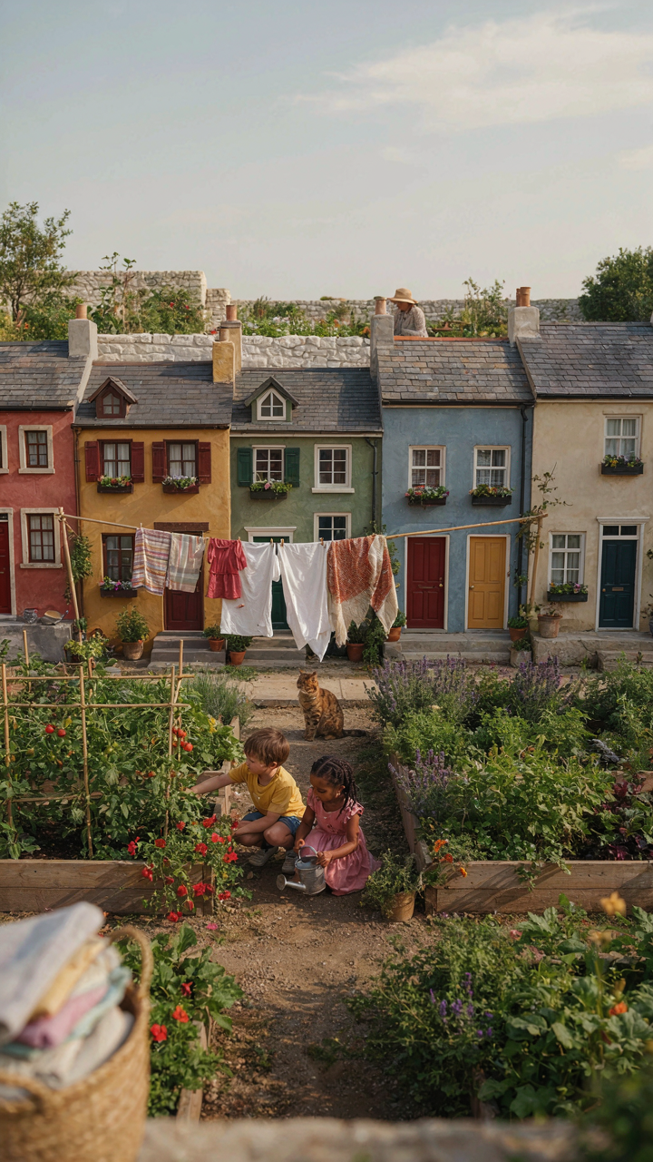 Small mini cottages share a community garden and laundry area.